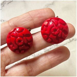 Dalsheim red carved clip on vintage earrings